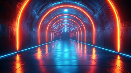 Futuristic tunnel, neon lights, archway, reflection, abstract background, digital art