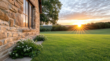 Obraz premium beautiful sunrise over scenic countryside landscape with flowers