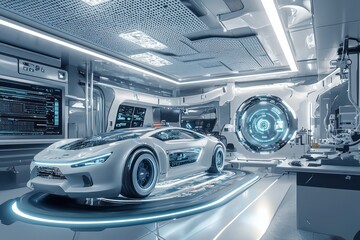 Obraz premium Automotive design lab where AI crafts autonomous vehicle systems.