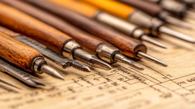 A collection of vintage drafting tool arranged neatly on a wooden surface with technical drawings