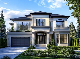 Front view of a luxury modern house in the city, a new rich home with a garage and a large yard on a blue sky background