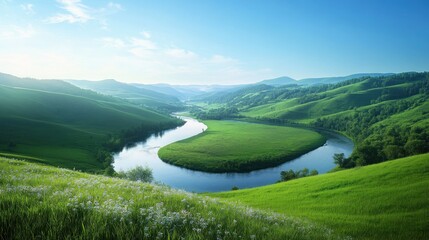 Fototapeta premium Serene River Winding Through Green Hills at Dawn. Scenic Landscape for Relaxation