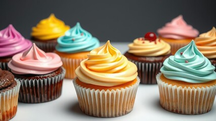 Cupcakes with different flavors of frosting, frosting, baking supplies