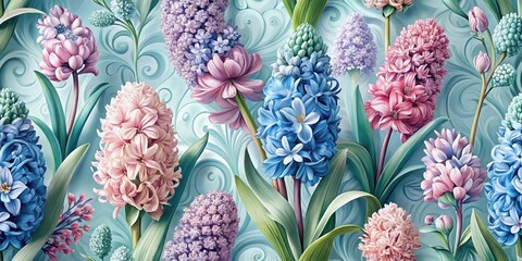 A Serene Tapestry of Delicate Hyacinths in Pastel Hues, Gracefully Arranged Against a Swirling Aqua Background, Evokes a Feeling of Tranquility and Natural Beauty