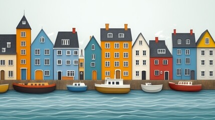 Fototapeta premium Charming Coastal Town Waterfront Houses Boats Harbor Illustration