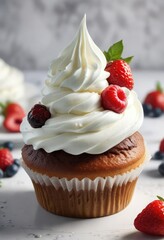 Cupcake with a generous dollop of whipped cream and a selection of sweet berries , , comfort desserts, rich desserts