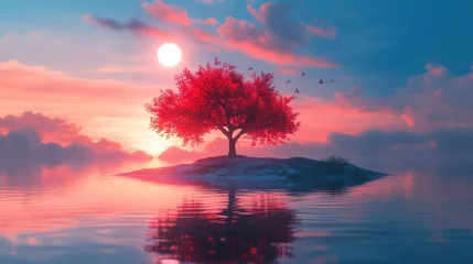 Tableau sur plexiglas  Red tree sunset island, calm water reflection, birds flying, peaceful scene  © Zeva