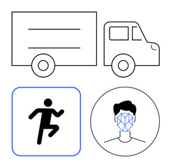 Delivery truck, active running figure, facial recognition outline. Ideal for logistics, transportation, technology, facial ID, fitness tracking, identification abstract line flat metaphor