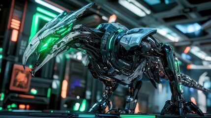 Fototapeta premium Futuristic robotic bird, metallic, green lights, in a high-tech laboratory setting.