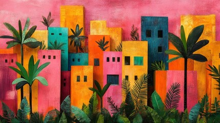 Vibrant Tropical Cityscape Abstract Painting Colorful Buildings and Palm Trees Summer Vacation Art