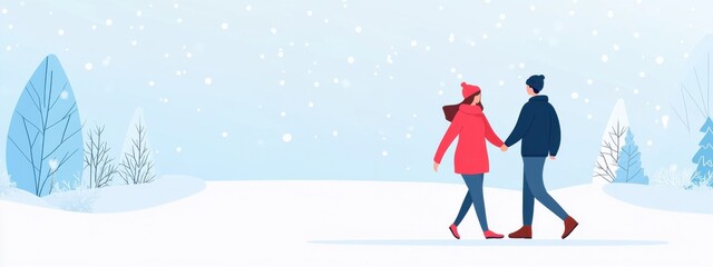 Cozy Winter Walk in Snowy Landscape Featuring Couple in Red and Blue Attire with Winter Trees and Snowflakes