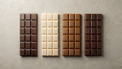 A delectable arrangement of four chocolate bars, showcasing milk, dark, white, and a lighter brown chocolate, resting on a neutral textured surface.