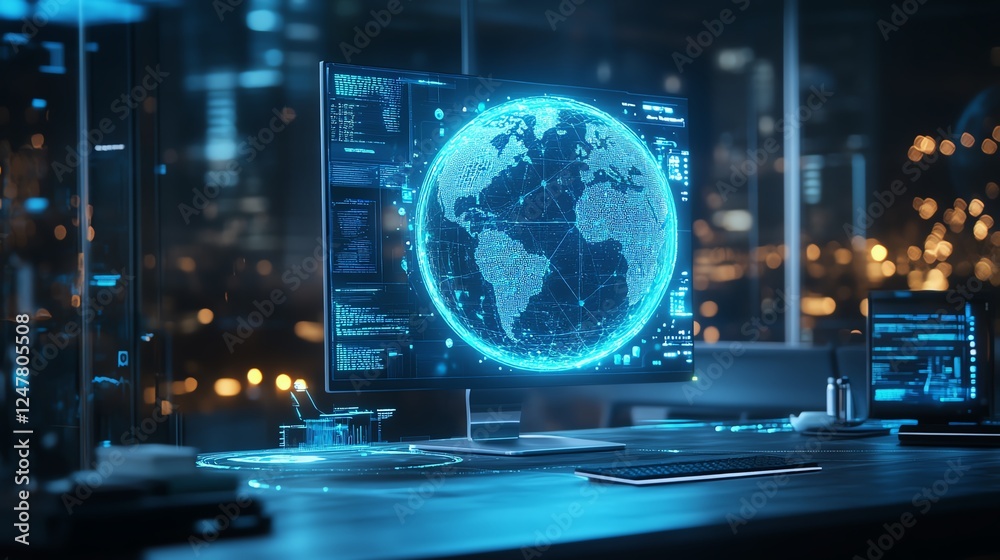 Leinwandbilder futuristic digital globe overlay on modern office desk with computer and digital elements, 3d render