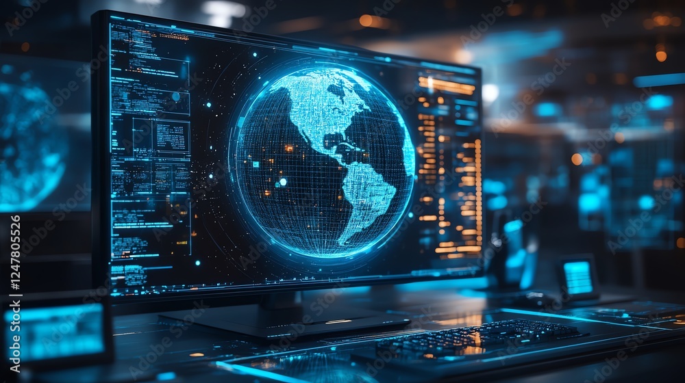 Leinwandbilder futuristic digital globe overlay on modern office desk with computer and digital elements, 3d render