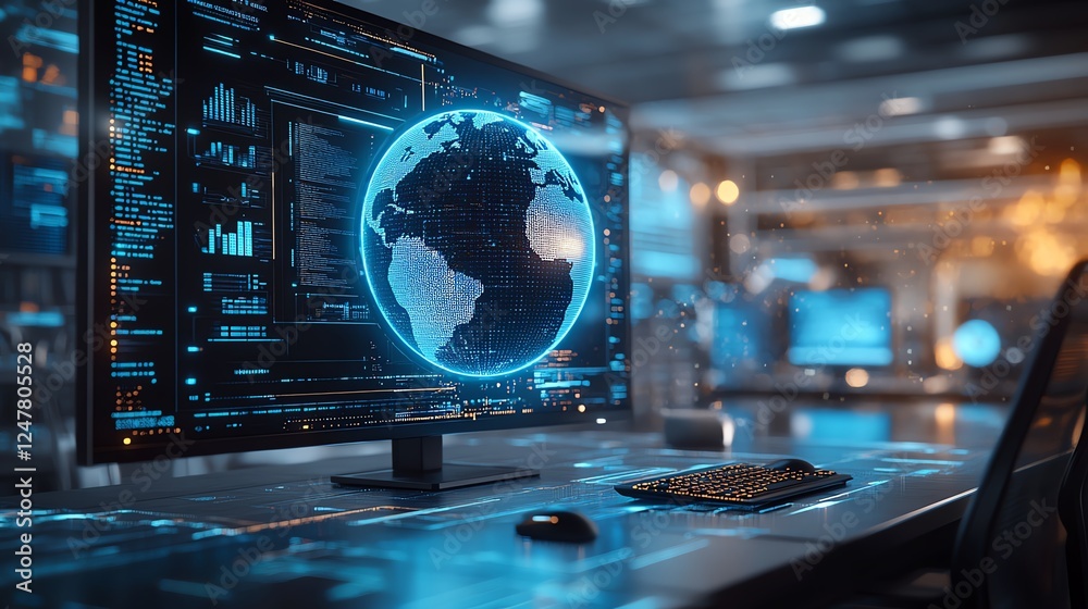 Leinwandbilder futuristic digital globe overlay on modern office desk with computer and digital elements, 3d render