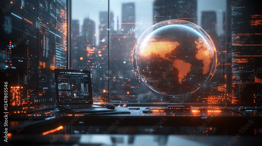 Poster futuristic office desk with abstract globe overlay, computer, and digital elements, modern workspace