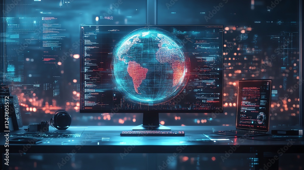 Poster futuristic office desk with abstract globe overlay, computer, and digital elements, modern workspace