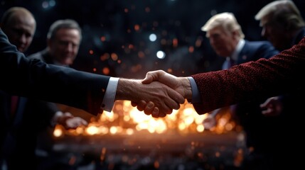 Historic handshake between world leaders amidst tensions global summit political event dynamic environment close-up view diplomacy concept