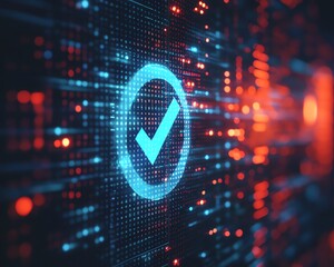 Holographic blue checkmark icon on digital screen, technology background, modern interface design, 3D render