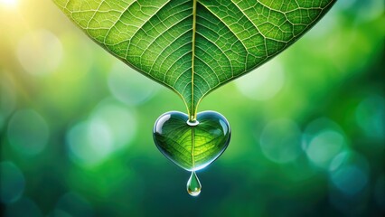 Fototapeta premium A heart-shaped water droplet reflecting a leaf, suspended from a verdant leaf's delicate vein structure, symbolizes environmental harmony and the interconnectedness of nature's life-giving elements.