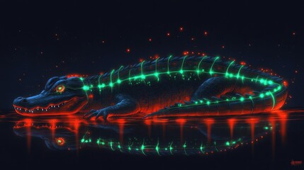 Glowing alligator reptile in dark setting, neon lights, digital art.