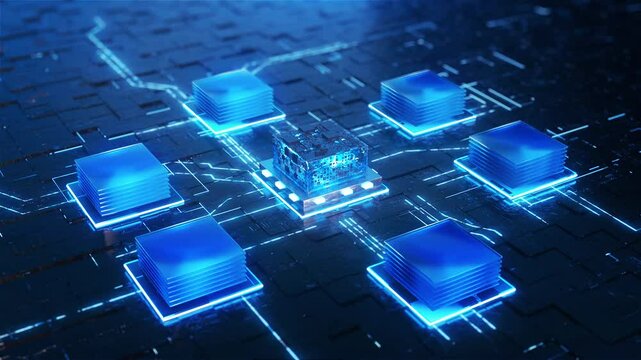 A glowing computer chip on a futuristic motherboard, a high-tech holographic computer circuit board, 3D render of circuit board chip with glowing neon lights.