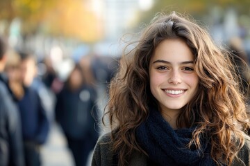 Fototapeta premium Smiling young woman in urban setting portrait photography vibrant atmosphere close-up view youthful expression