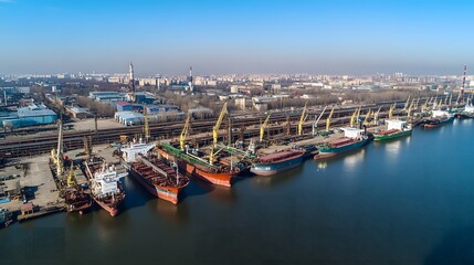 Obraz premium Aerial view of large oil tankers docked at a busy port with extensive pipelines extending into the horizon, representing global oil trade and energy industry logistics