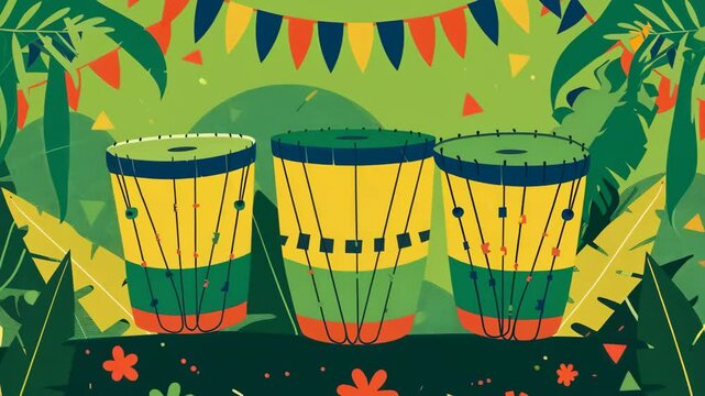 Three colorful drums with festive bunting on tropical background. Animation for Caribbean carnival, Reggae festival, Summer party, Brazilian carnival and Jamaica independence day celebration