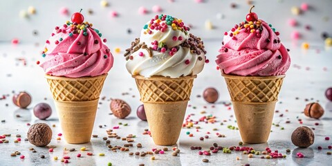Three delightful ice cream cones with colorful sprinkles and a single berry atop each