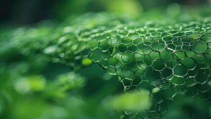 A close-up of a green, honeycomb-patterned, ribbon-like structure amidst a lush