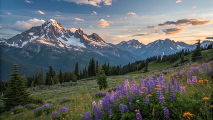 Naklejka premium Golden Hour Panorama: Majestic Mountains, Azure Sky, Nature Photography Contest
