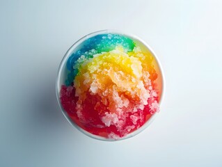 Colorful Shaved Ice Snowcone in Angled Paper Cup Suspended on White Background with Vintage Vibes