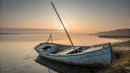 Fototapeta premium Golden Hour Frustration: A Weathered Ship Stuck in Still Waters - Documentary Photography
