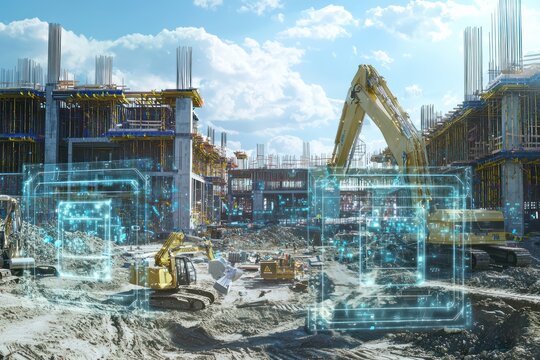 Holographic AI at construction site plans dynamic layouts in real time.
