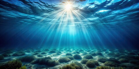 Fototapeta premium Sunbeams Illuminate the Ocean Floor, Revealing a Serene Underwater Landscape of Lush Seagrass