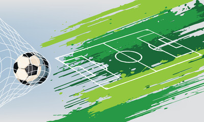 Soccer ball in goal. Goal net. Soccer border on green football grass field. Vector stadium, supporters background. wk, ek sport finale, sports game. Street ball. © Muhammad Muhdi