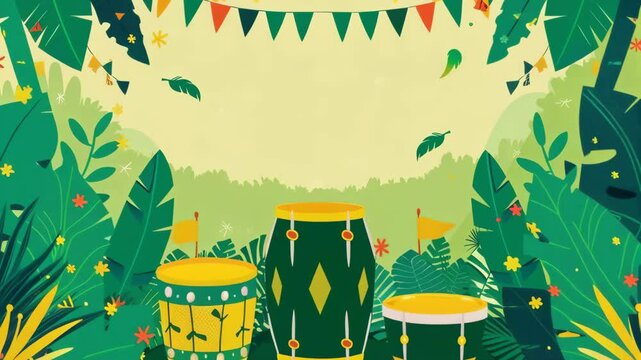 Three colorful drums with festive bunting on tropical background. Animation for Caribbean carnival, Reggae festival, Summer party, Brazilian carnival and Jamaica independence day celebration