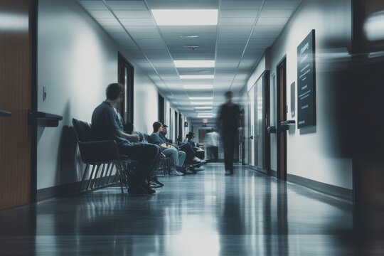 People Waiting in a Commercial Building Hallway with Soft Focus and Blurry Figures
