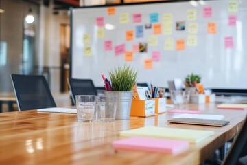 Modern Workspace with Collaborative Tools and Colorful Sticky Notes for Productive Meetings