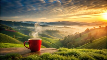 Obraz premium Serene Sunrise A Warm Beverage Enjoyed Amidst Rolling Hills and Misty Valleys