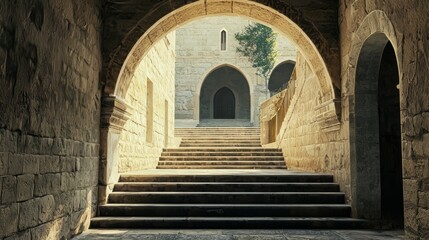 Archway Leading to Tranquil Chapel Surrounded by Ancient Stone Walls