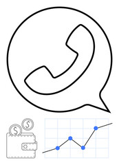 Phone handset in speech bubble, wallet with coins, and rising line graph in minimal black outline. Ideal for business communication, financial growth, investment, fintech, economy, technology
