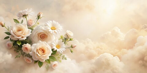 A serene arrangement of delicate cream roses and daisies, nestled amongst soft green foliage, floats gracefully amidst a dreamy, sunlit sky of fluffy clouds.