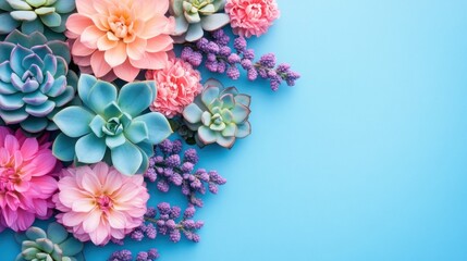 Pastel Succulents and Dahlias on Blue Background