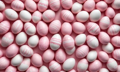 Decorative Easter eggs in shades of pink and white arranged in a symmetrical pattern, vibrant colors, pastel hues