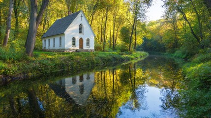 Obraz premium Gentle Stream Passing Centuries-Old Trees in Serene Landscape