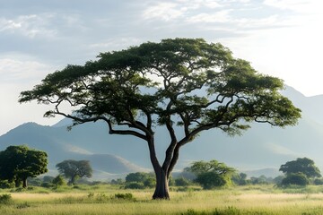 The beauty of the savannah, depicting a large tree standing majestically in a vast field, with a backdrop of towering mountains, depicting the harmony of nature