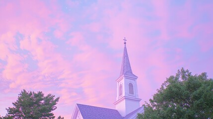 Fototapeta premium Serene Pastel Sky Behind White Steeple and Trees at Dusk