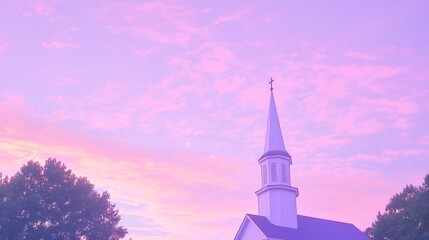 Fototapeta premium Soft Pastel Sky Behind White Steeple at Dusk with Gentle Clouds